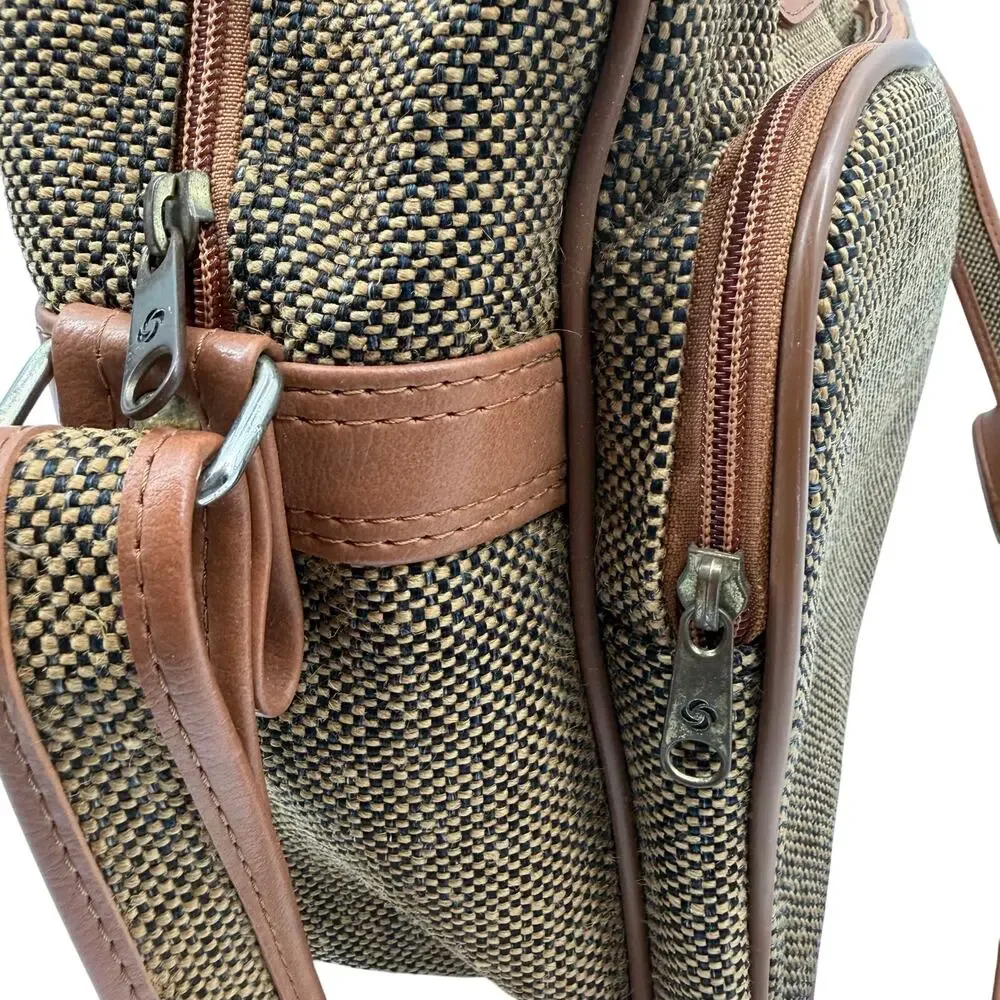 Vtg 70s Samsonite Tweed Woven Brown Carry On Travel Luggage Shoulder Strap Bag